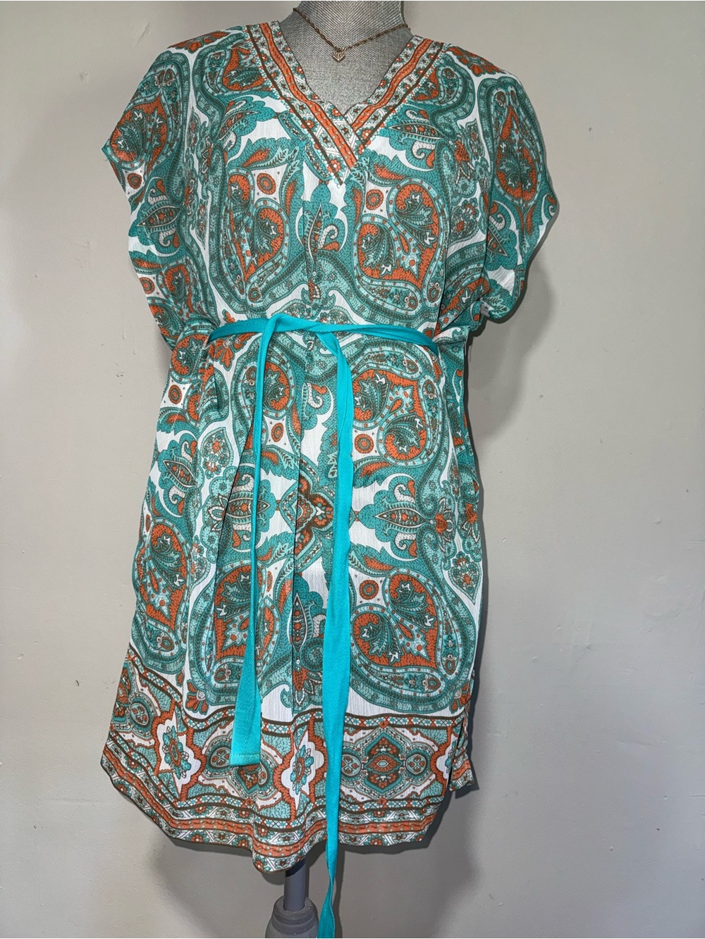 Tommy Bahama Turquoise & Orange Paisley V-Neck Tunic Dress